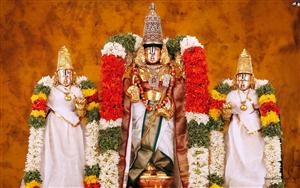 Lord Venkateswara flanked by his 2 wives, Goddess SriDevi & Goddess BhuDevi or BhooDevi